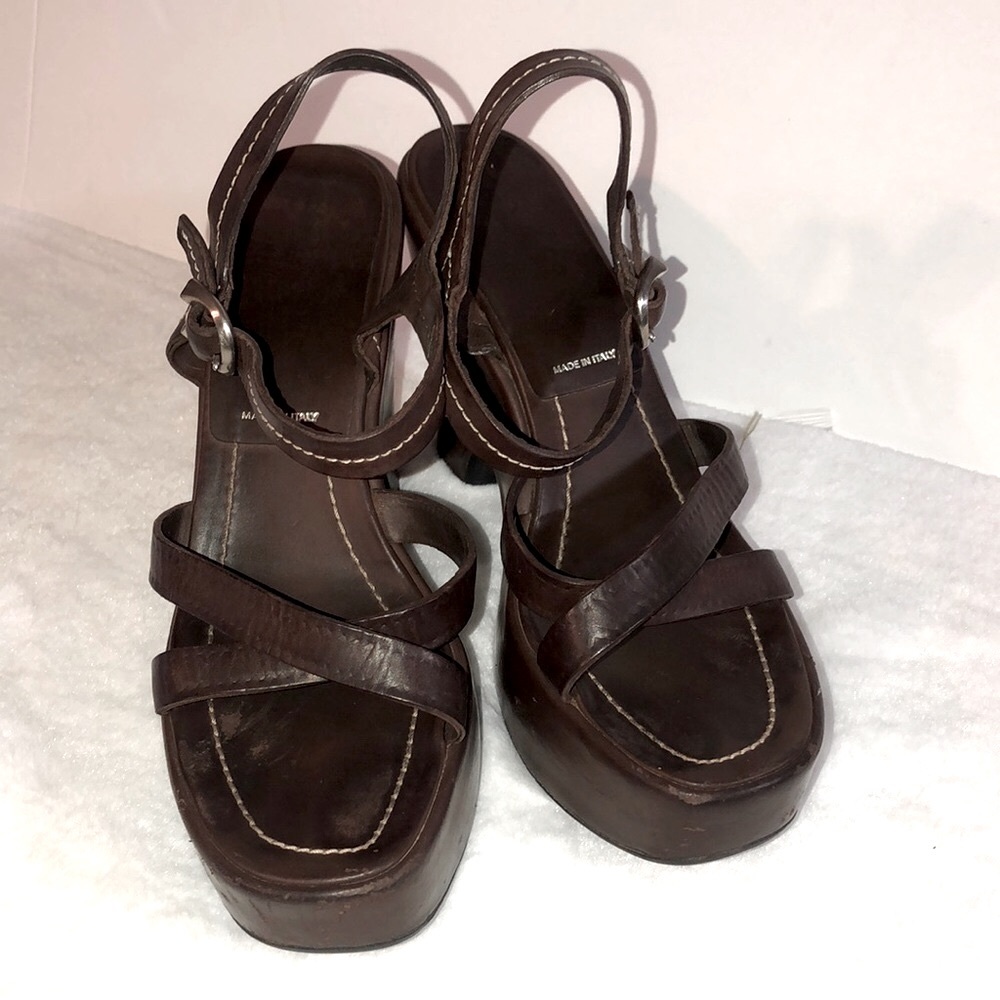 PRADA Brown Leather Wedge Platform Sandals VINTAGE Y2K RARE